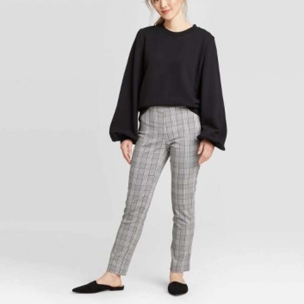 a new day Gray Plaid High-Rise Elastic Waist Side Zipper Skinny Pants Size 8